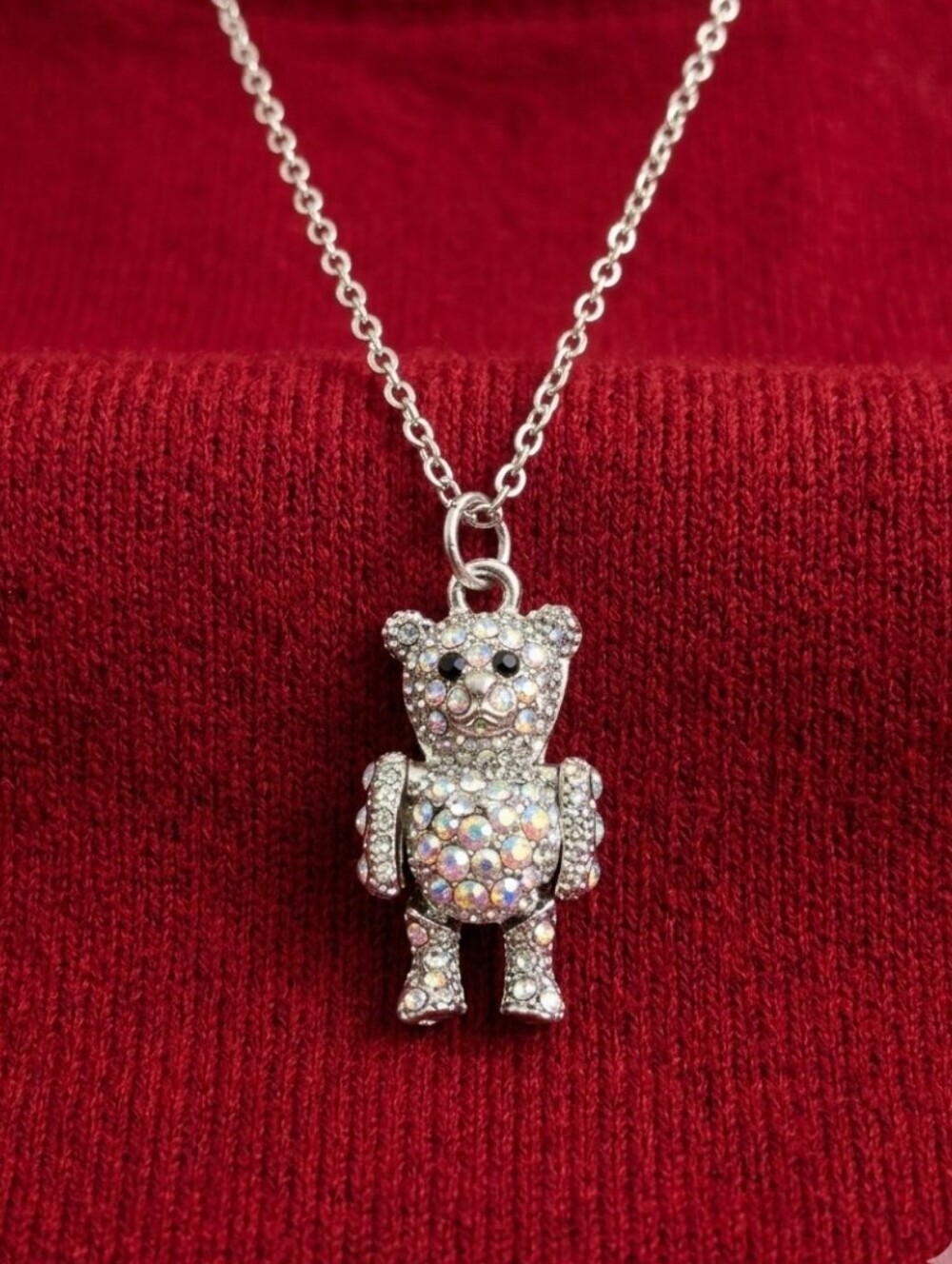 Avenue Silver Sparkly AB Crystal Teddy Bear Pendant Necklace Articulated NWT